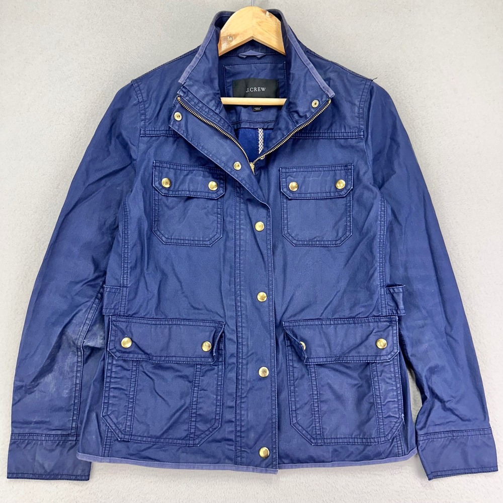 J.CREW Utility Jacket Womens Small Navy Waxed Canvas Military Safari Preppy